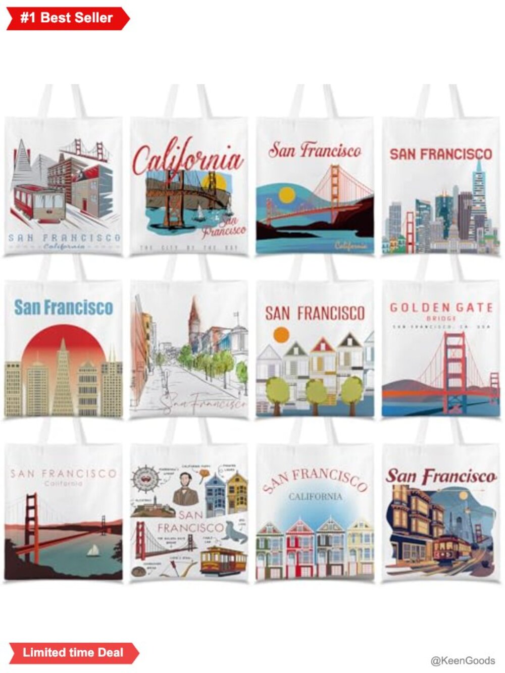 12 Pack Canvas Tote Bags San Francisco Souvenir Reusable Grocery Bags